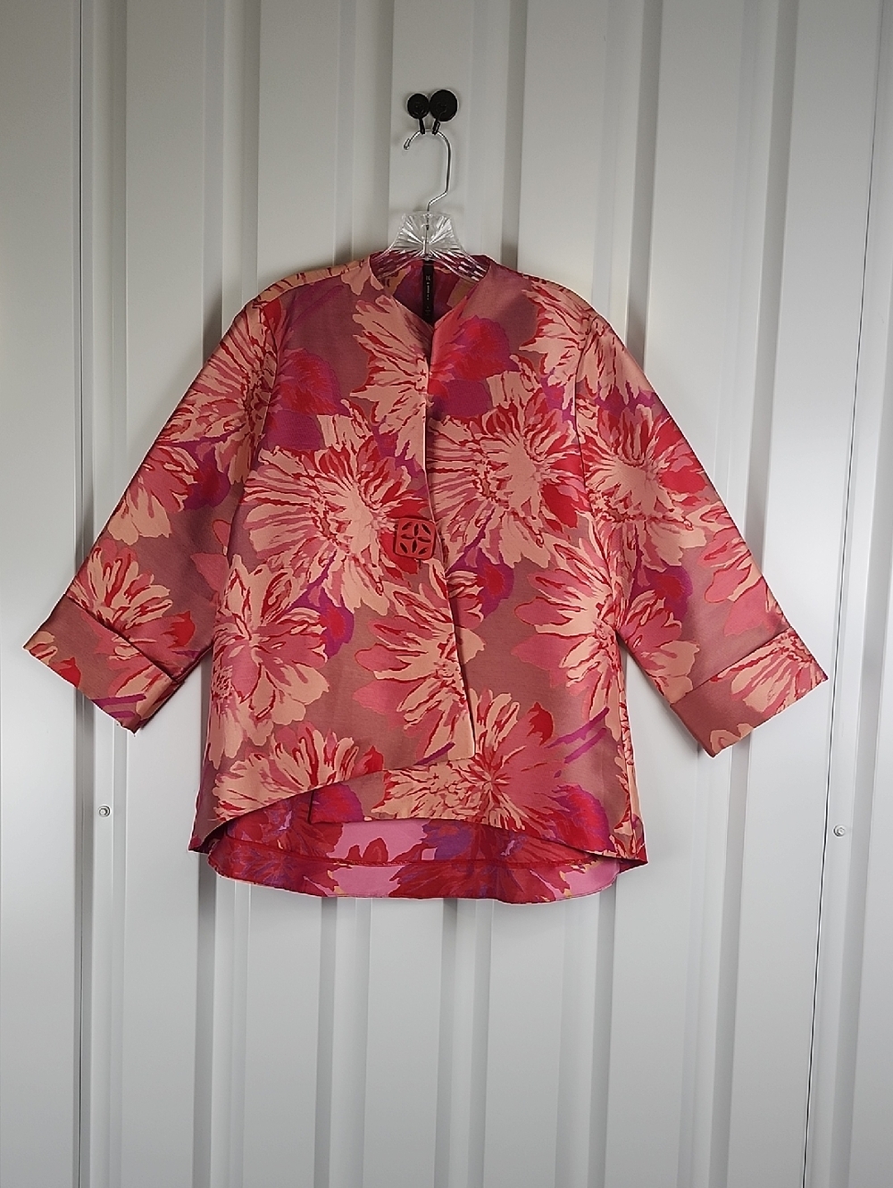 IC By Connie K Floral Pink-Red Women's Jacket Long Sleeves Asymmetric Hem Large